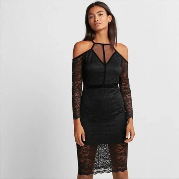 EXPRESS Lace Velvet Piped Cold Shoulder Sheath Dress - Picture 9 of 11